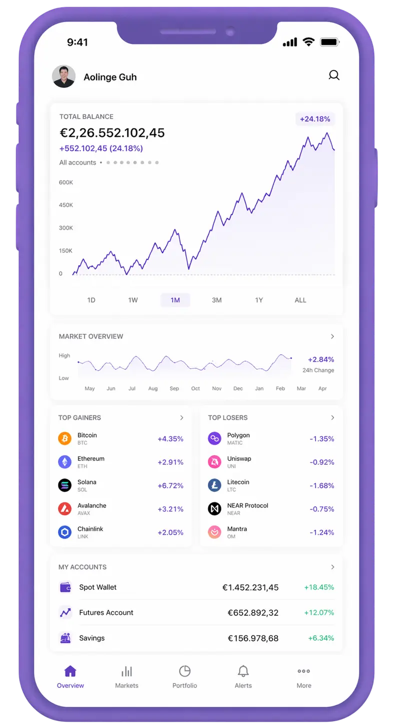 Vasterbaat mobile app showing portfolio overview